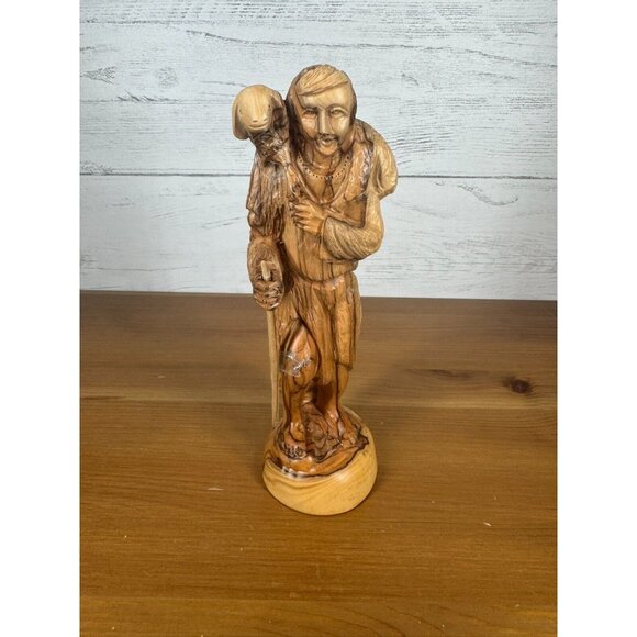 Hand Carved Figurine The Good Shepherd Olive Wood Handmade Bethlehem 8.75" - Picture 1 of 7